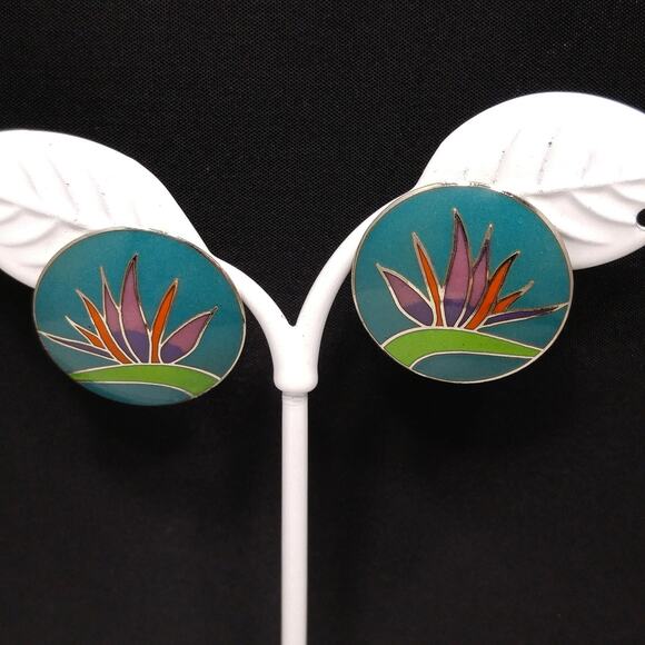 Vintage Laurel Burch Bird of Paradise Post Earrings, Silver Tone Cloisonné - Picture 4 of 10